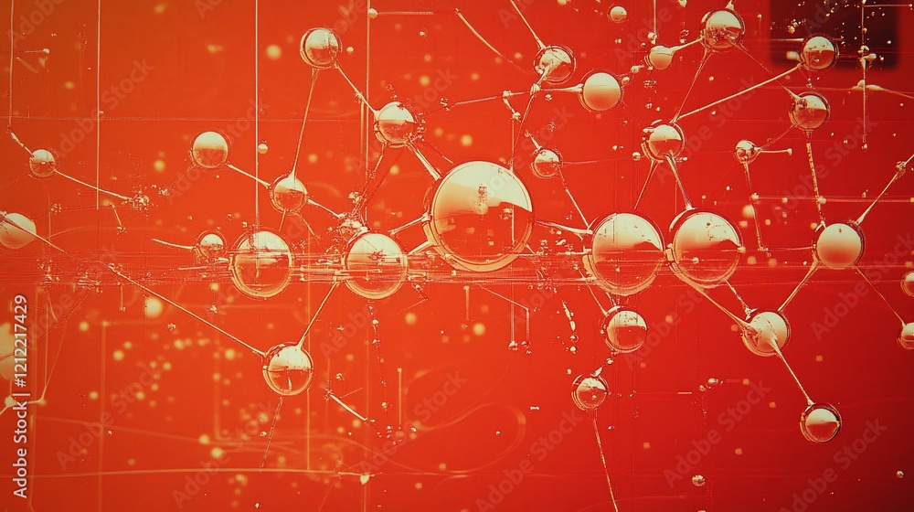 Poster abstract network of glowing spheres and lines on red background.