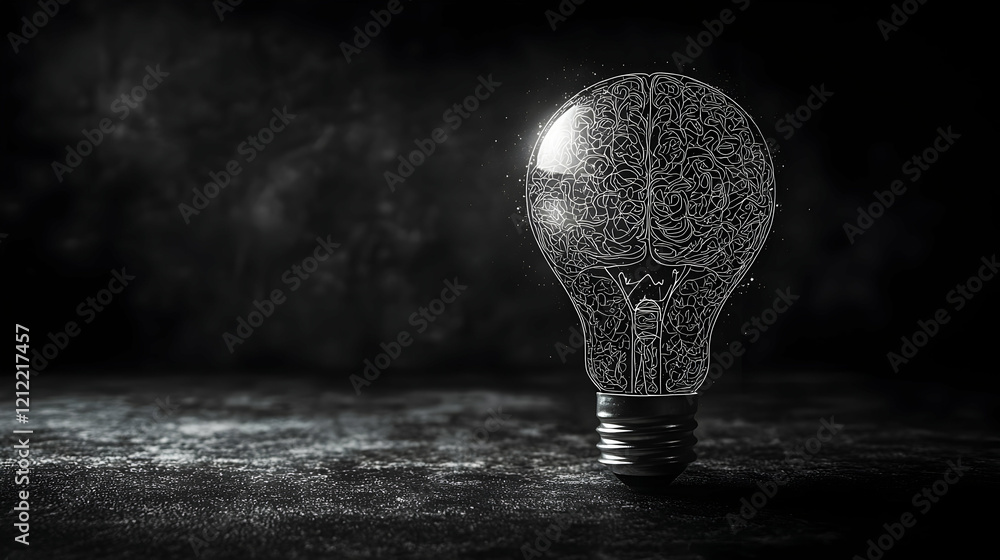 Poster glowing lightbulb representing ideas and innovation in a dark setting