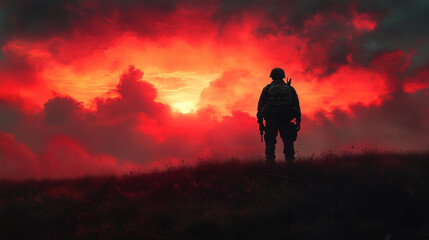 Fototapeta premium A soldier is silhouetted against a vibrant sunset. The sky is filled with intense reds and oranges, contrasting with the dark figure and clouds. This powerful moment captures bravery and reflection.