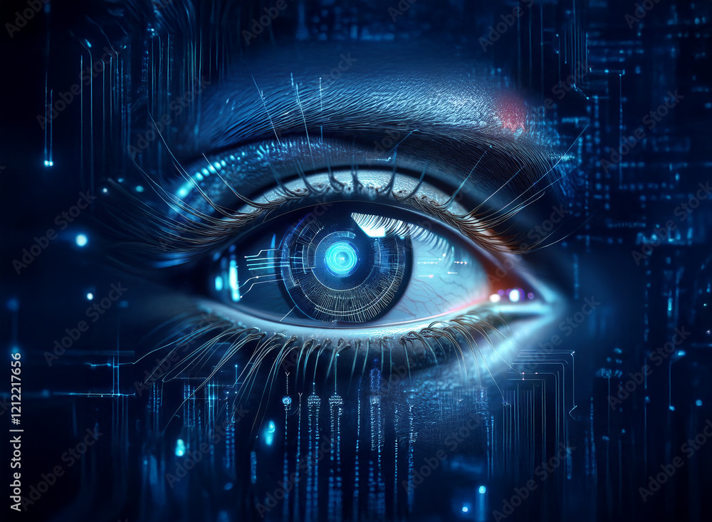 Poster a mesmerizing close-up of a futuristic eye, seamlessly blending organic and technological elements. 