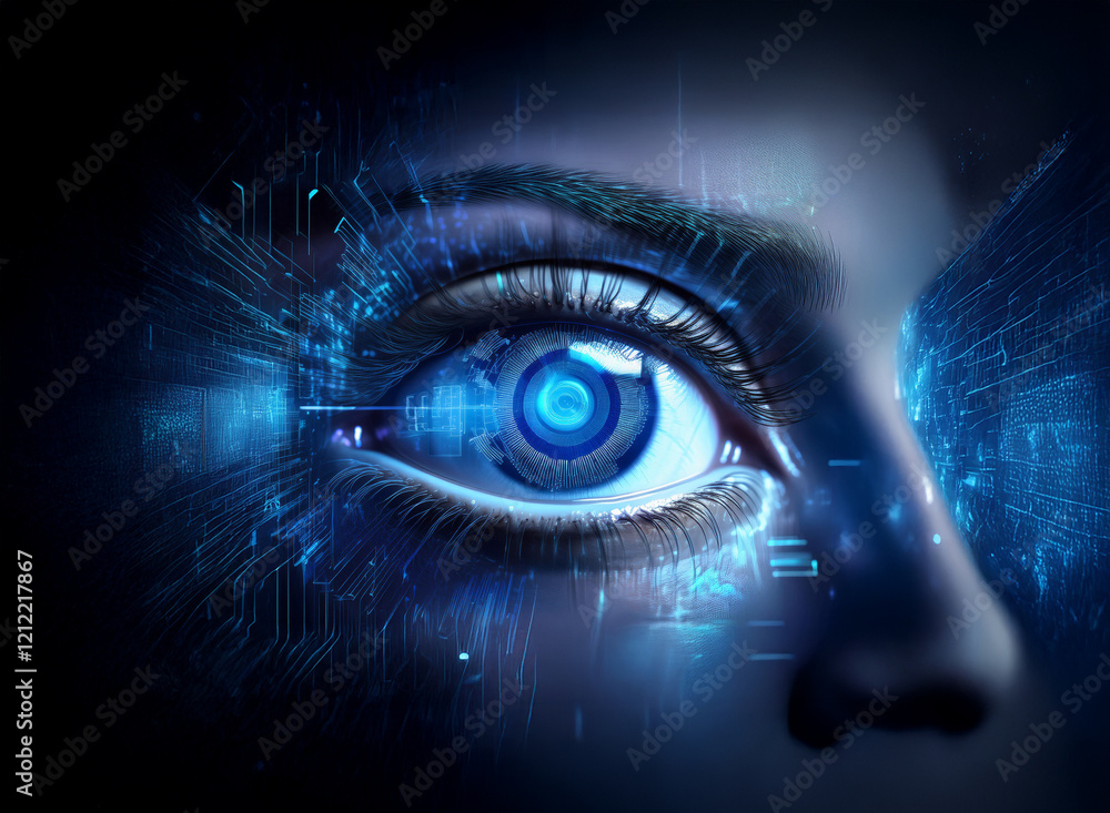 Poster a close-up of a woman's eye, digitally enhanced with glowing blue circuitry, suggesting technologica