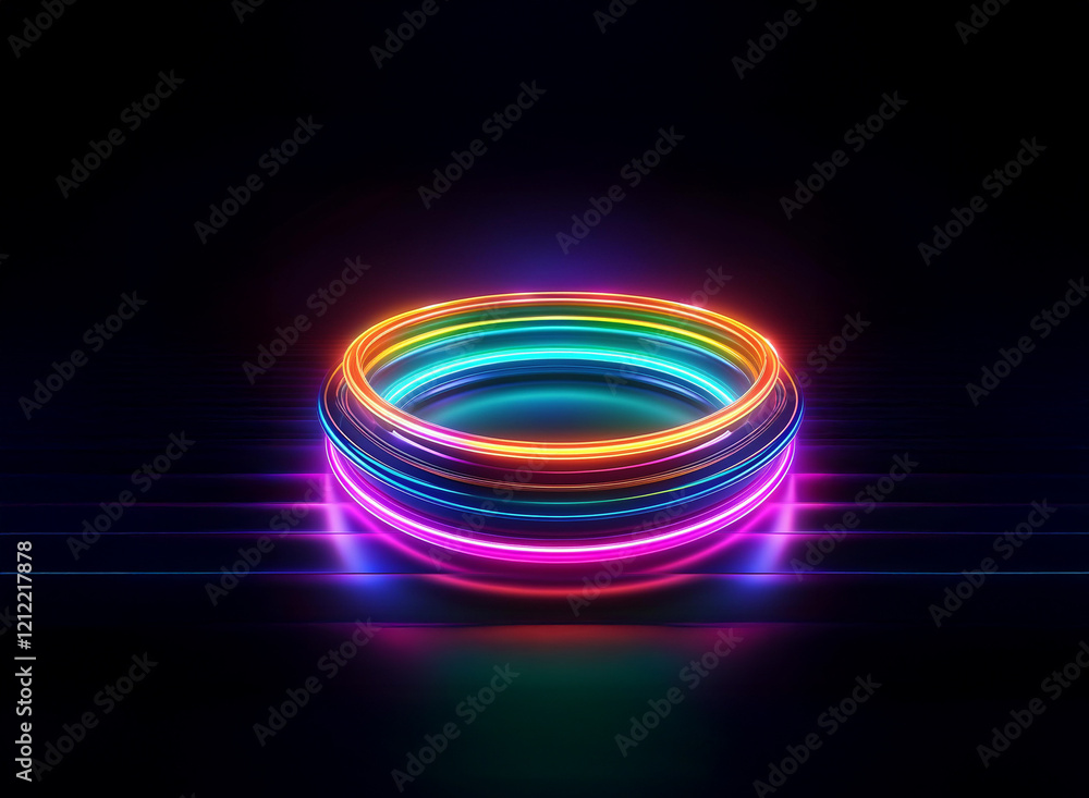Aufkleber vibrant rainbow neon rings glow brightly on a dark reflective surface, creating a captivating and co