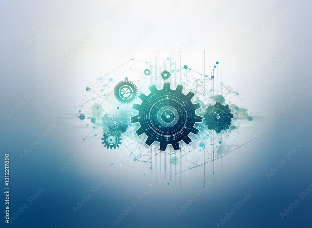Poster Abstract image depicting interconnected gears and nodes, symbolizing complex systems and network processes.  The design uses teal and white hues against a blurred blue background.
