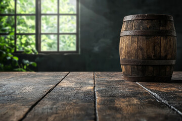 Naklejka premium A rustic wooden barrel placed beside a worn old wooden table in a cozy farmhouse kitchen, with soft natural lighting highlighting the textures of the wood,