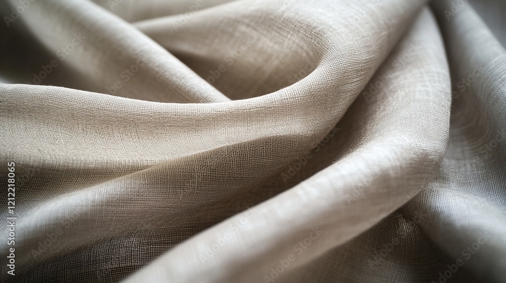 Poster close-up of beige fabric with soft folds and drapes showing texture.