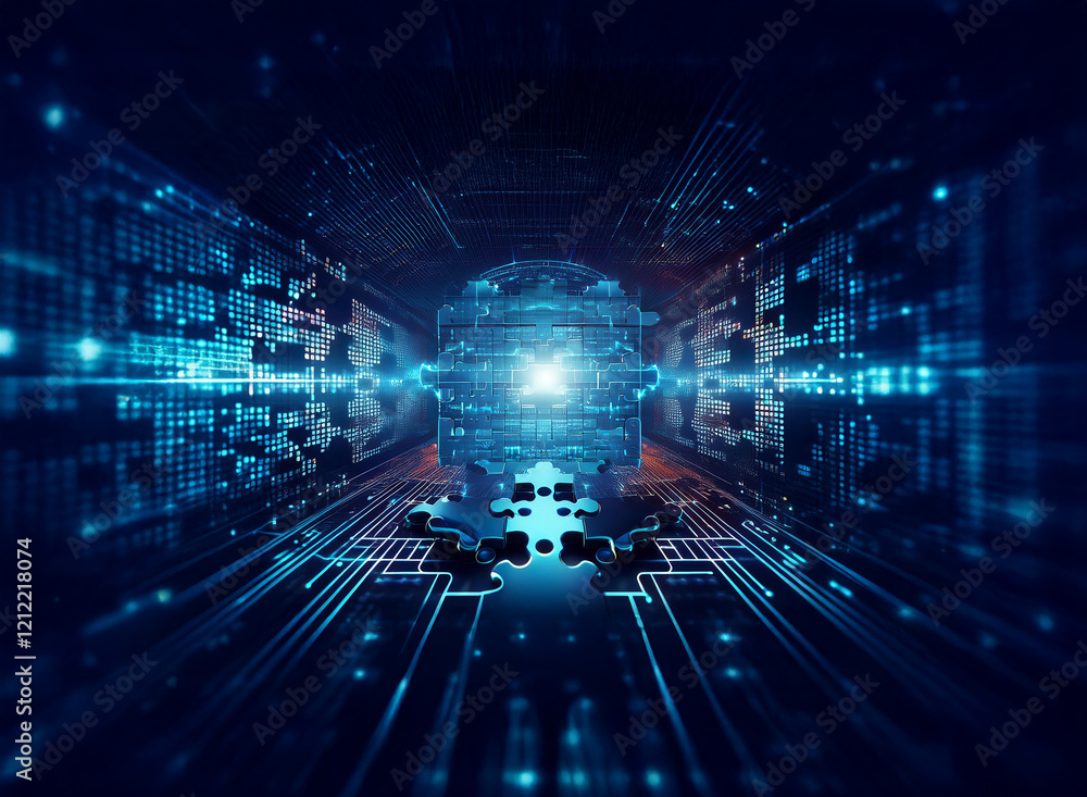 Fototapete A glowing cube representing data processing at the heart of a complex digital network, shown as a futuristic tunnel of binary code and circuitry.  The cube is surrounded by cogs suggesting intricate m