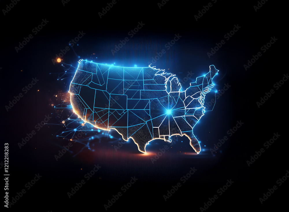 Poster glowing, interconnected lines form a map of the usa, showcasing a network of data or connections acr