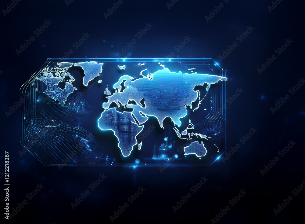 Poster glowing blue digital world map encased in a circuit board-like frame against a dark background. repr
