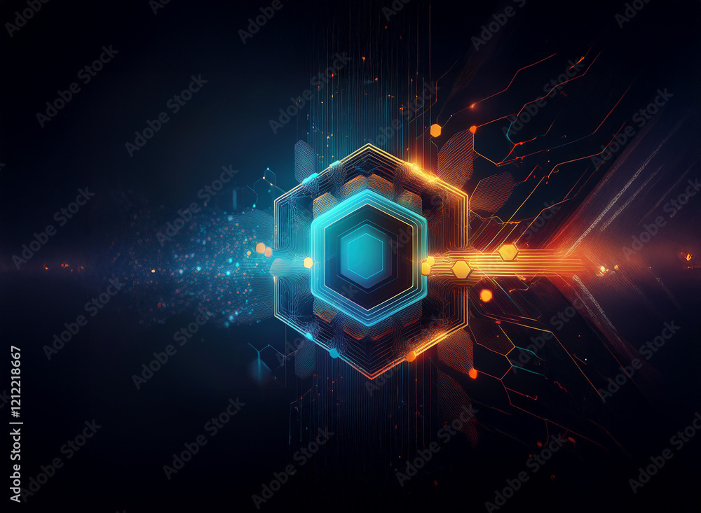 Aufkleber abstract digital artwork featuring glowing hexagons and circuit board patterns. vibrant blue and ora