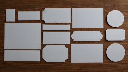 Open the blank notebooks in 3 different sizes on the wooden desk, empty space for your text, direct above, empty food display rack, showcasing clean shelves and an organized layout.
