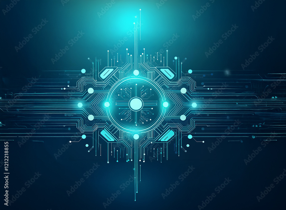 Aufkleber Abstract digital artwork depicting a futuristic circuit board design with glowing turquoise lines and nodes, centrally focused and radiating outwards against a dark blue background.  It evokes a sense