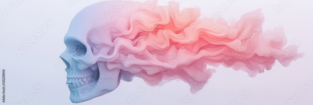 Poster an ethereal abstract human skull with pastel-colored paint splashes blending into soft, flowing line
