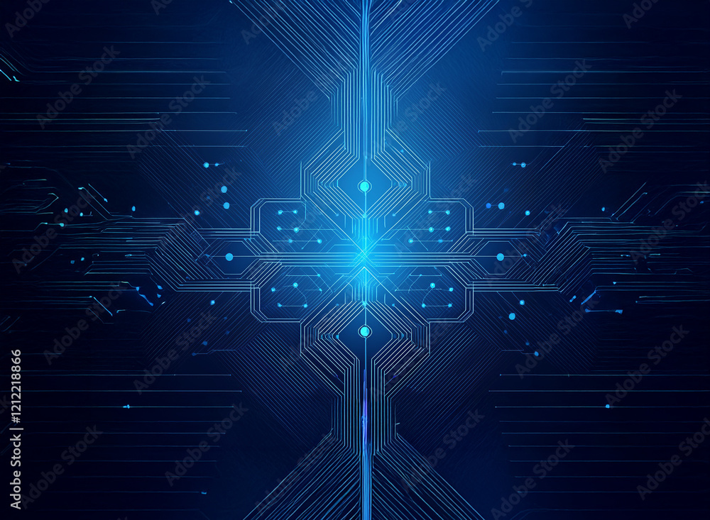 Poster Abstract digital art depicting a glowing blue circuit board pattern,  symmetrical design with interconnected lines and nodes, evokes technology and connectivity.