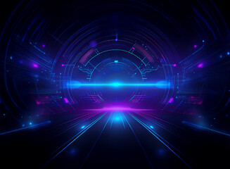 Obraz premium A futuristic, glowing tunnel of vibrant blue and purple light pulses with energy. A central portal emits a bright beam, suggesting a journey into the unknown.