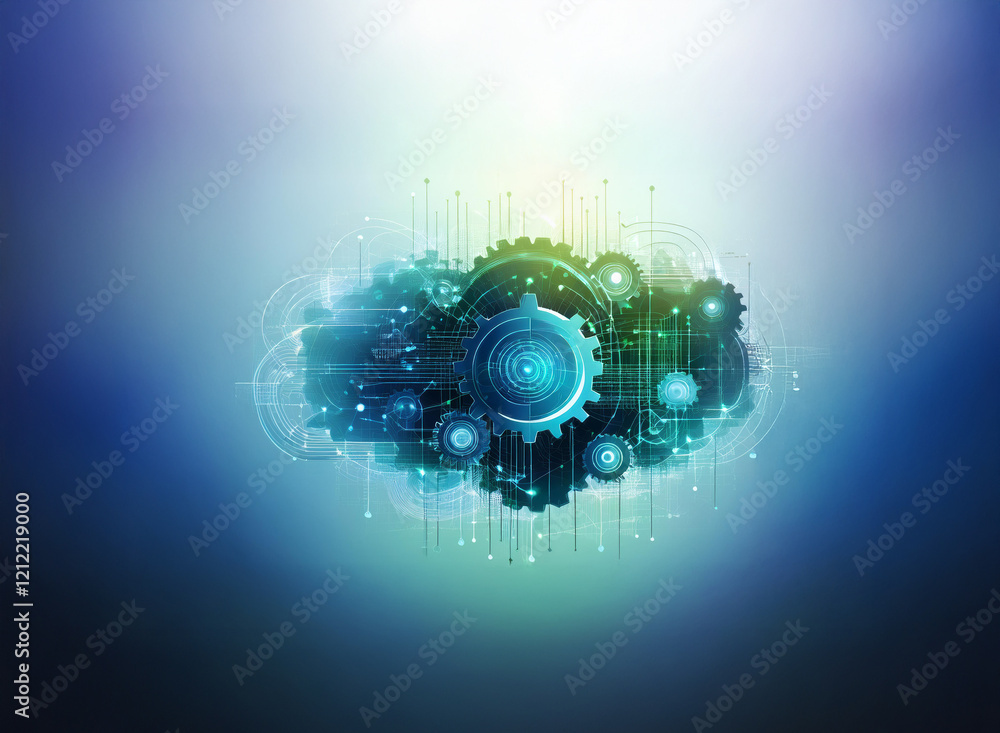 Fototapete Abstract image depicting a cloud formed by interconnected gears and circuits, symbolizing cloud computing and technological innovation.  The color scheme is predominantly teal and green on a gradient 