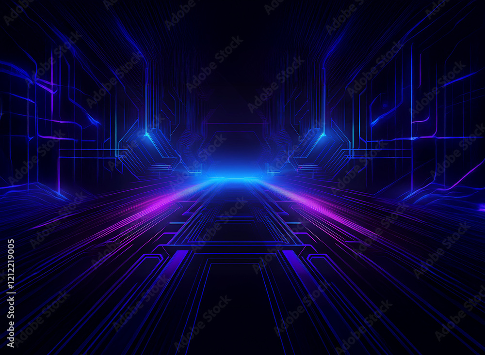 Aufkleber a futuristic, glowing corridor with vibrant purple and blue neon lights. intricate circuitry pattern