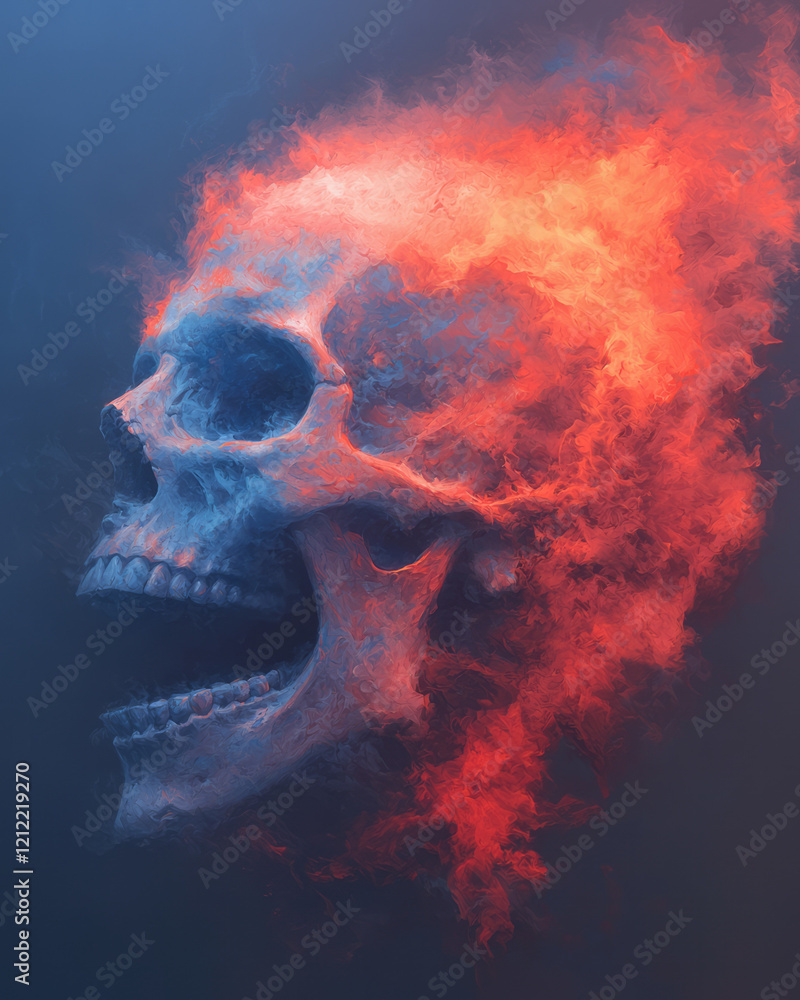 Poster A dramatic abstract human skull with intense paint splatters in deep blues and fiery reds, set against a smoky, indistinct background for a powerful visual statement,