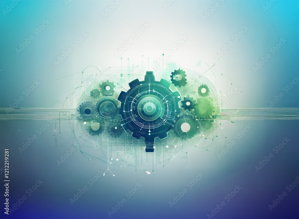 Aufkleber Abstract illustration of interconnected gears and lines, symbolizing complex technology and digital processes within a cloud-like formation.  The design uses cool teal and green tones on a gradient ba