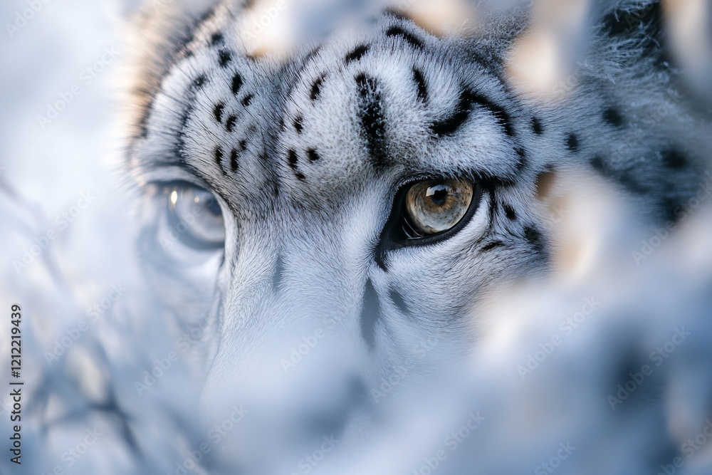 Poster close-up of a snow leopard's piercing eyes partially hidden behind snowy branches.
