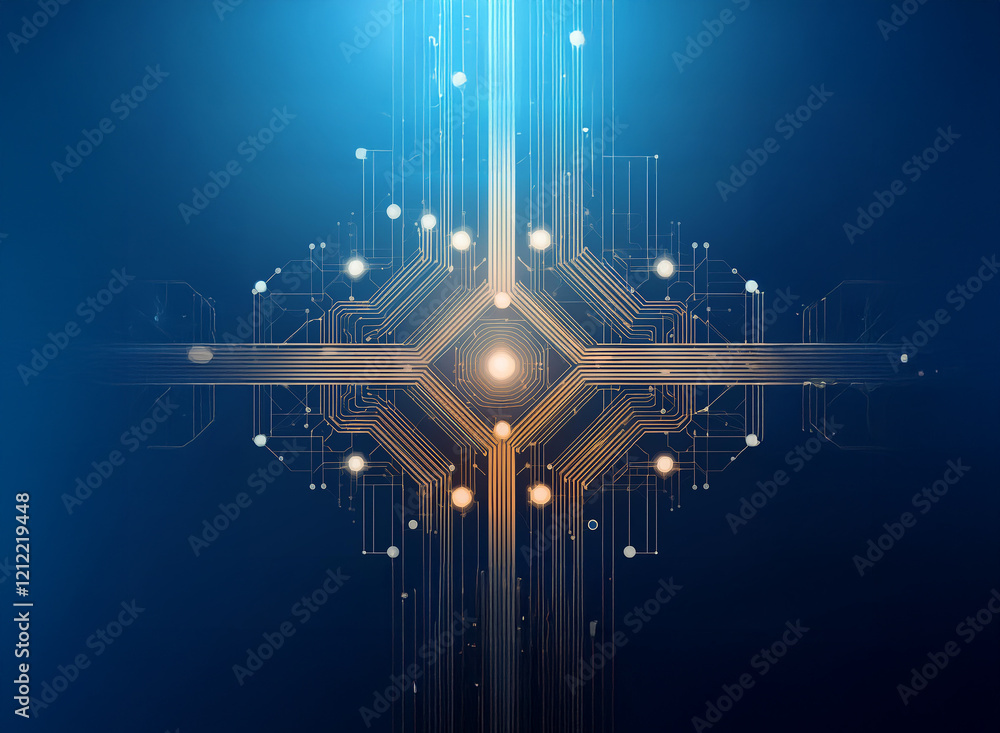 Poster abstract digital artwork depicting a glowing, interconnected network of circuits and nodes, suggesti