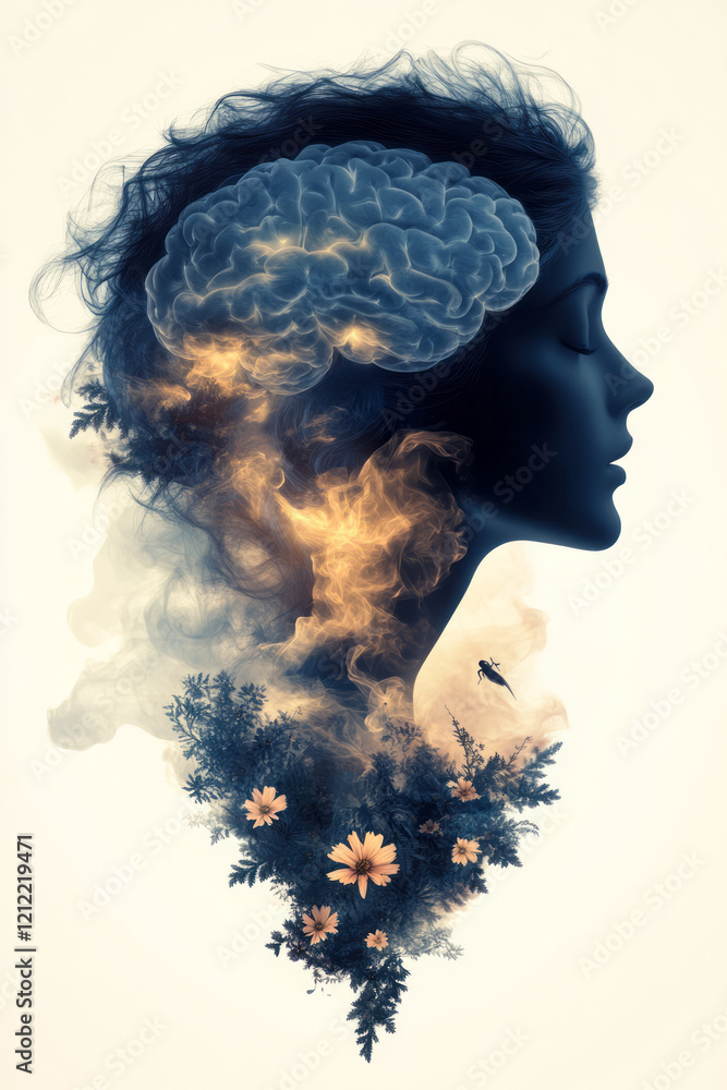 Aufkleber a creative digital artwork featuring a silhouette of a woman surrounded by blooming flowers and swir