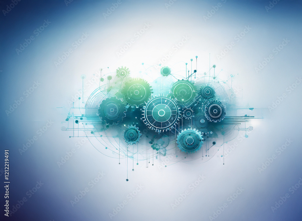 Aufkleber Abstract image depicting interconnected gears and circuitry, symbolizing technological network and complex systems.  A futuristic, digital cloud-like formation.