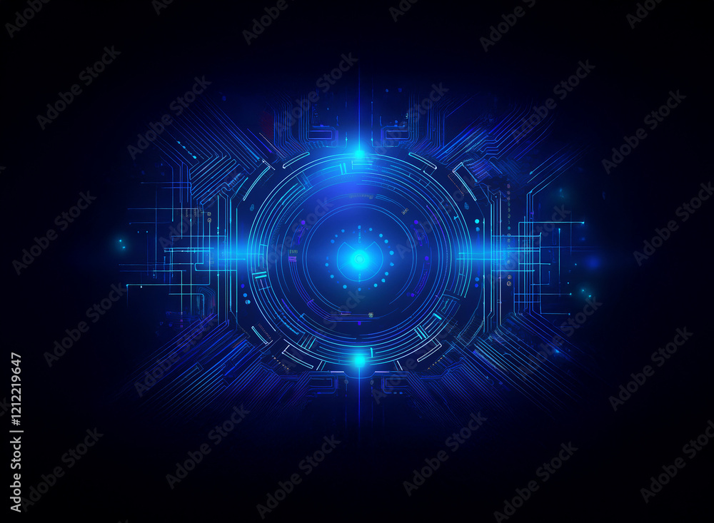 Poster abstract digital art depicting a glowing blue futuristic circuit board. the central element is a con
