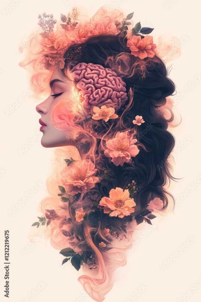Poster a dreamy abstract artwork featuring a woman with cascading flowers and delicate smoke waves forming 