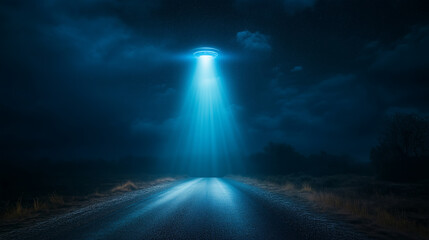 A bright beam of blue light illuminates a lonely dirt road as a mysterious spacecraft hovers above, creating an eerie nighttime atmosphere surrounded by darkness.