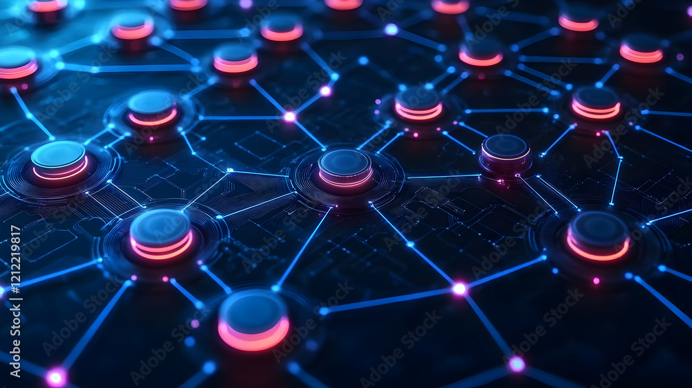 Poster abstract futuristic network: glowing nodes and connections on a circuit board