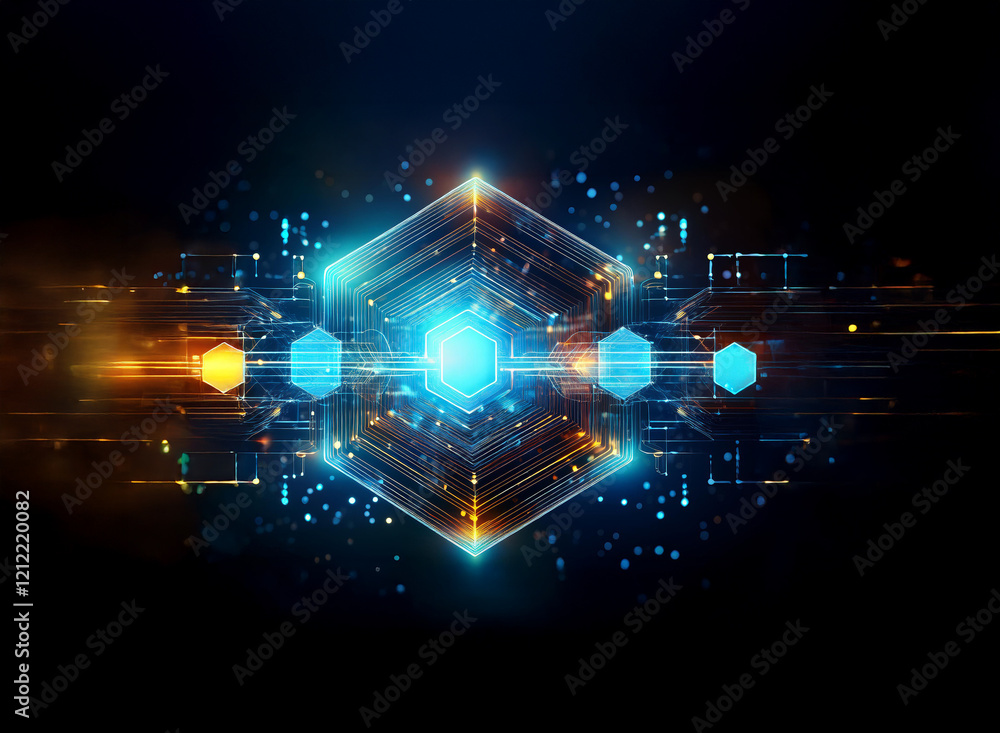 Poster glowing hexagonal structures and digital circuitry converge in a vibrant, abstract depiction of inte