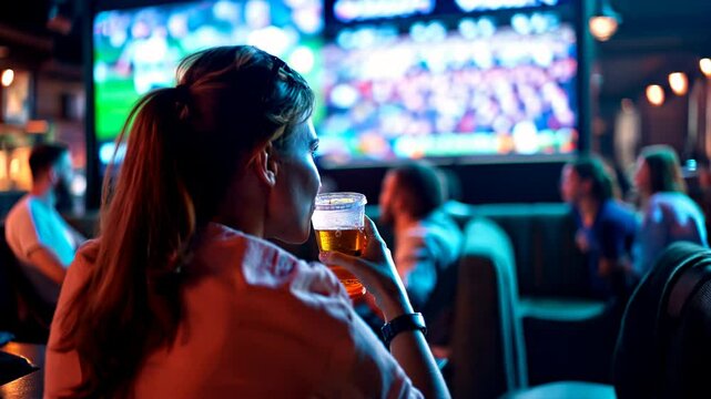 A woman is sitting at a bar watching a football game with friends