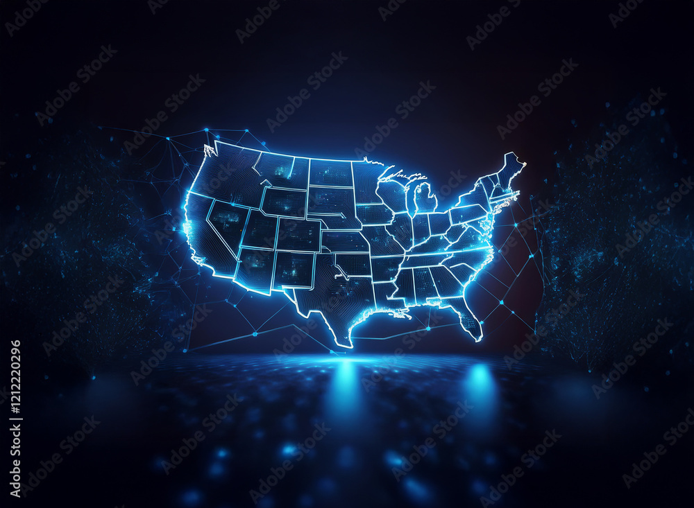 Poster glowing digital map of the united states, interconnected nodes representing data flow and network ac
