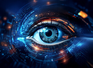 A close-up of a human eye, digitally enhanced to show circuit boards and glowing lights, representing technological integration with the human body.  Biometric data, futuristic technology, and human-m