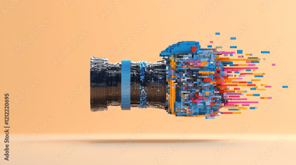 Poster a stylish abstract blue pix camera icon, with pixelated elements blending seamlessly into a sleek, m