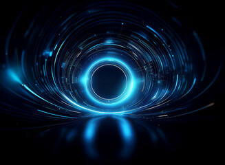 Obraz premium Abstract digital art depicting a glowing blue ring surrounded by swirling light trails. The scene is dark and reflective, evoking a sense of futuristic technology and energy.