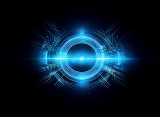 Fototapeta premium Abstract digital artwork depicting a glowing blue circular interface, radiating energy and technological sophistication. Lines and circuits suggest complex systems.