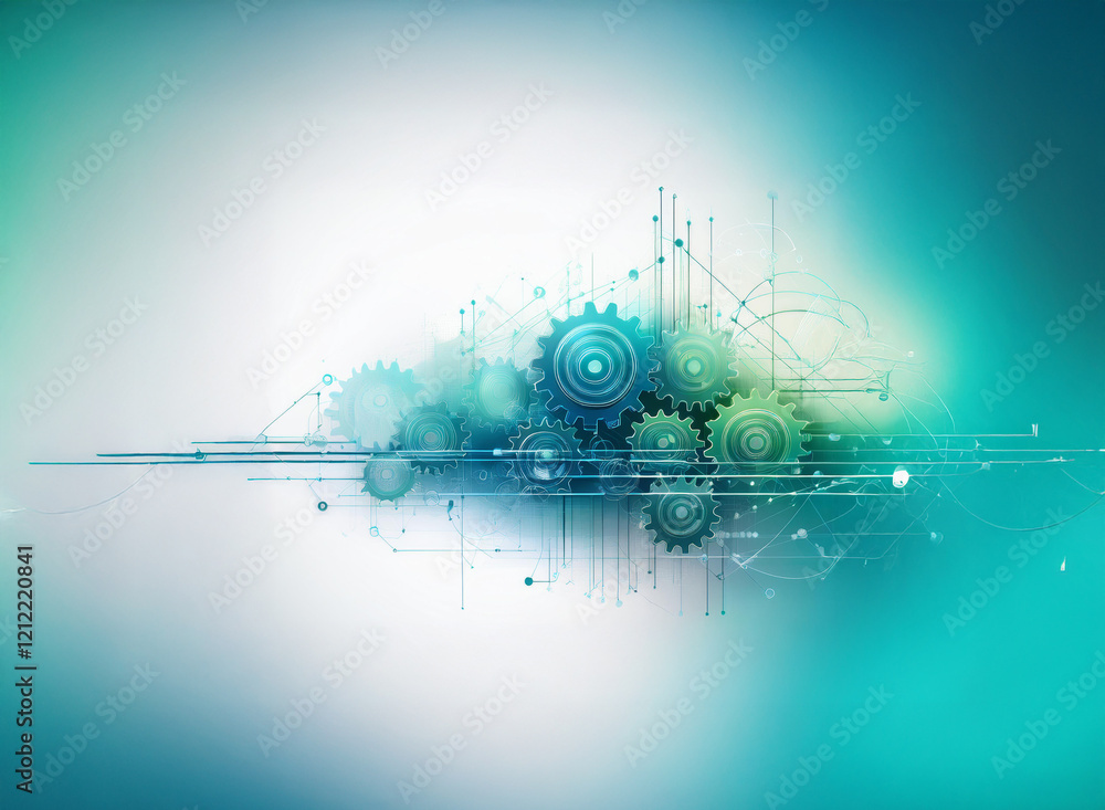 Poster Abstract digital artwork depicting interconnected gears and circuits, suggesting technological innovation and complex systems.  A teal and white color scheme creates a sense of calm efficiency.