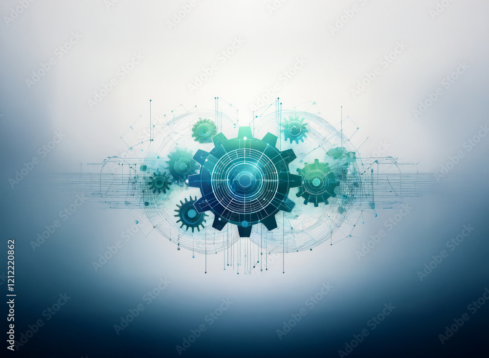 Poster Abstract digital illustration of interconnected gears, symbolizing complex systems and intricate mechanics.  The design features a blend of teal and blue hues on a light background.