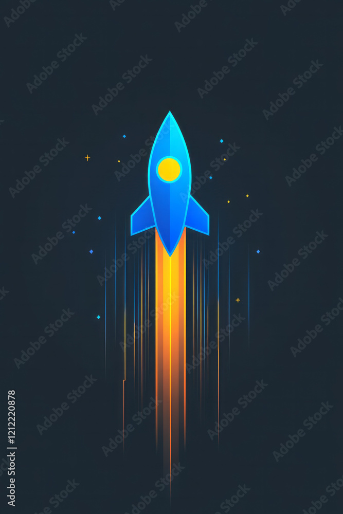 Poster A dynamic blue pix rocket symbol icon, featuring pixelated flames and motion lines for a sense of speed and innovation,