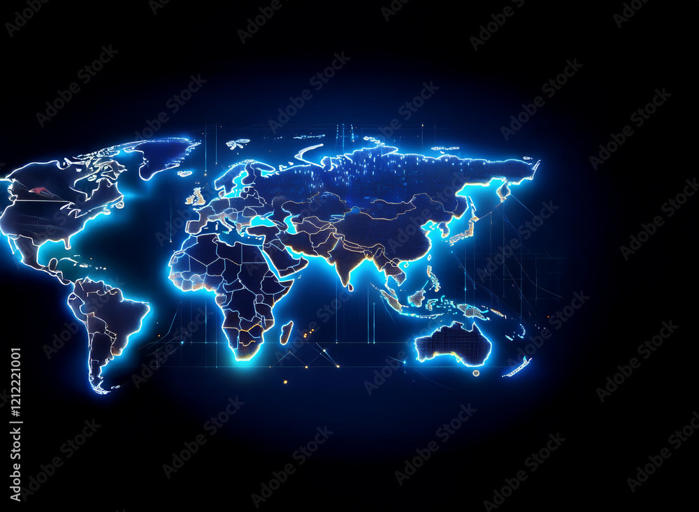 Aufkleber A glowing blue digital world map, showcasing global interconnectedness and data flow.  Lines illuminate continents and countries, creating a futuristic visualization of international networks.