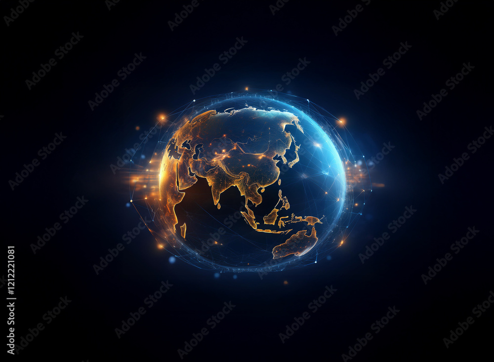 Poster a glowing digital rendering of earth, illuminated with warm and cool light, focuses on asia and its 