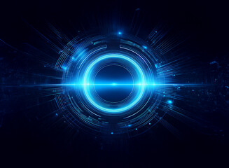 Obraz premium Abstract digital art depicting a glowing blue circular interface with technological elements, radiating light and energy against a dark background. Suggests futuristic technology, innovation, and spe