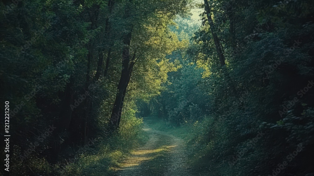 Poster a peaceful path through a dense forest, with light filtering through the trees and birds singing sof