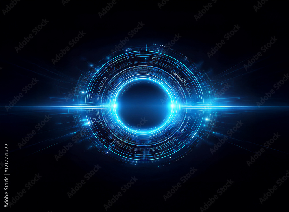 Poster glowing blue circular interface, futuristic technology, digital energy pulses radiate outwards from 