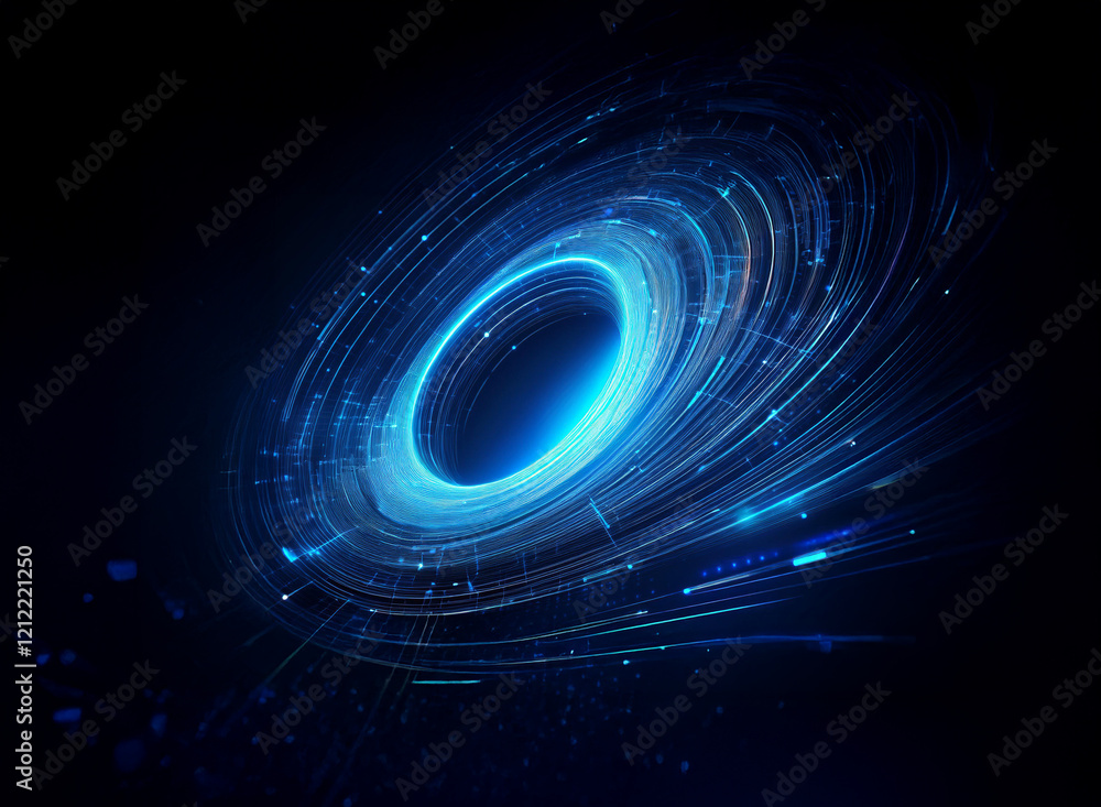 Poster glowing blue rings swirl in a dark void, creating a mesmerizing cosmic effect. the concentric circle