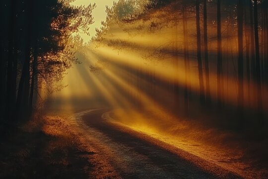 Sunbeams illuminate misty forest road at dawn, nature background, travel - Powered by Adobe