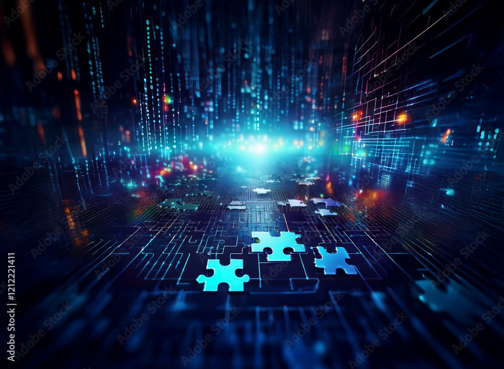 Poster a digital landscape of glowing circuit boards and cascading data streams, with scattered puzzle piec