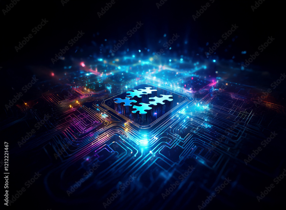 Aufkleber Glowing puzzle pieces on a microchip, symbolizing digital solutions and technological innovation.  Bright lights illuminate the intricate circuitry, suggesting complex problem-solving.