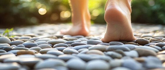Bare feet walking on pebble pathway, promoting reflexology and relaxation. sunlight creates serene atmosphere, enhancing experience of nature
